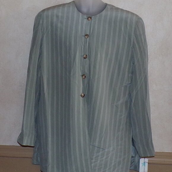 NWT Vintage Pacific Silk & Studio Womens Gray Pinstripe Silk Blazer Jacket Sz L - Picture 2 of 10